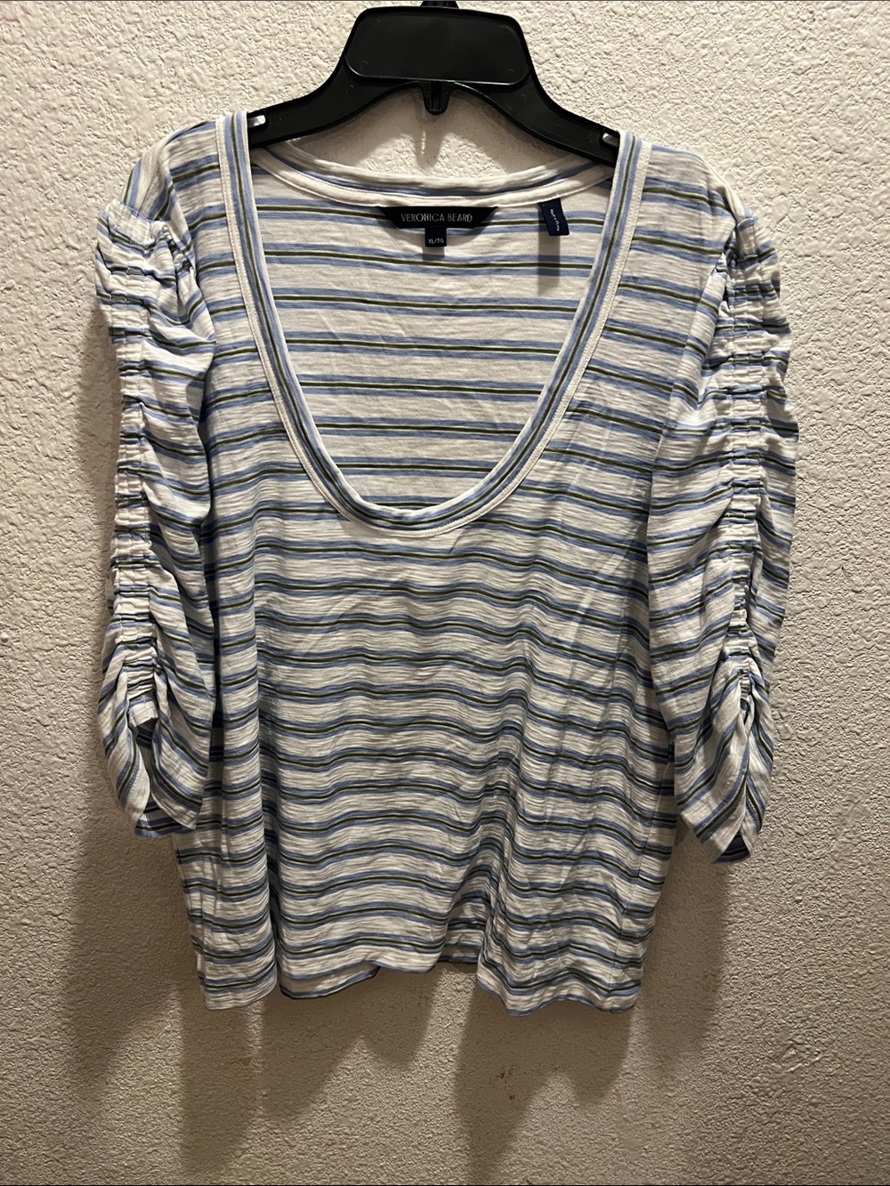 Veronica Beard Light Blue & White Striped Scoop Neck Ruched Sleeve Top